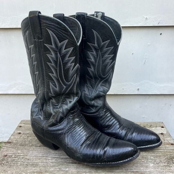 Vintage 80s Larry Mahan Black Exotic Lizard Point toe Cowboy Boots 10 B - Picture 1 of 12